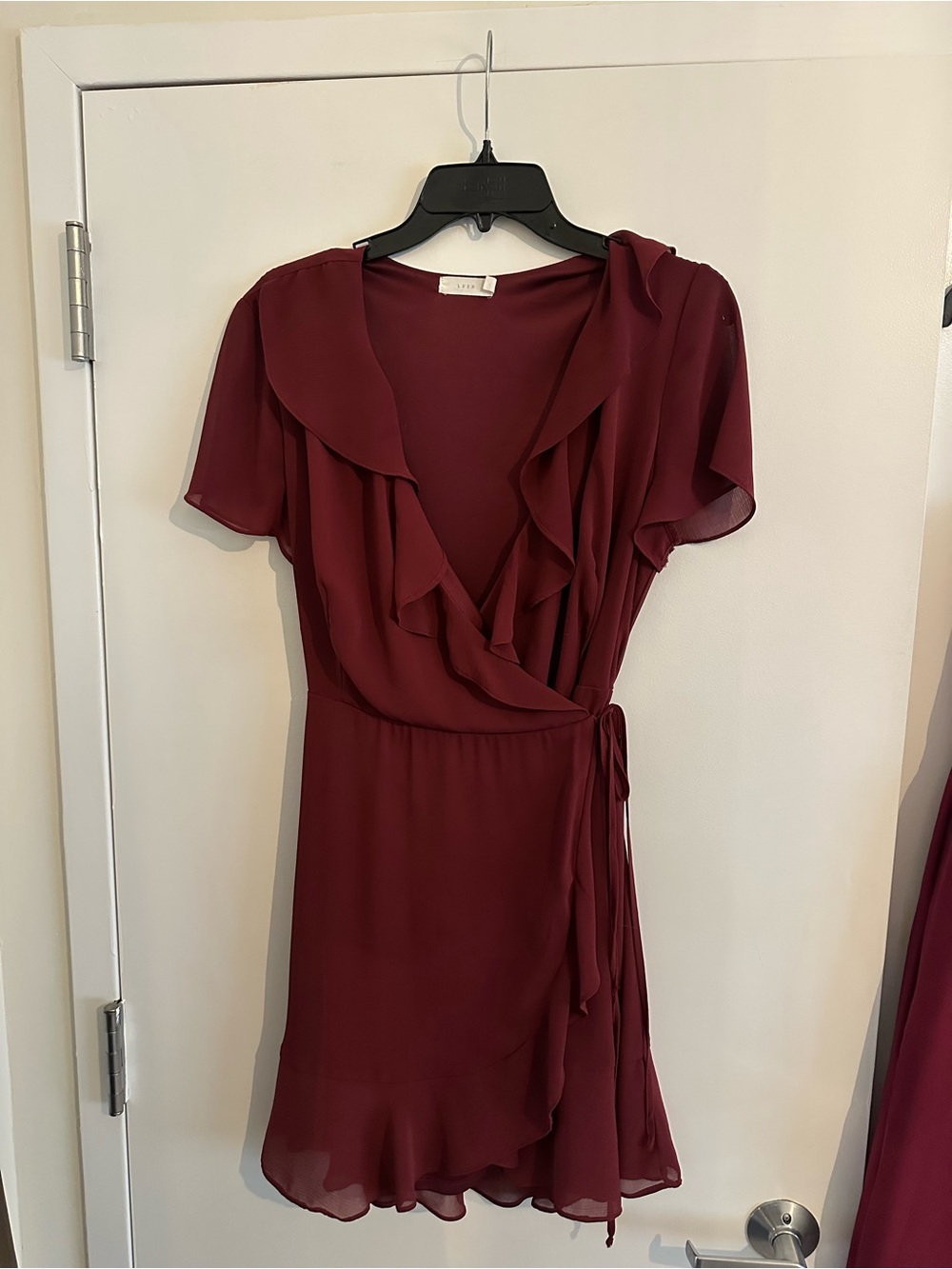 Lush Burgundy Ruffle Wrap Dress with Tie Waist